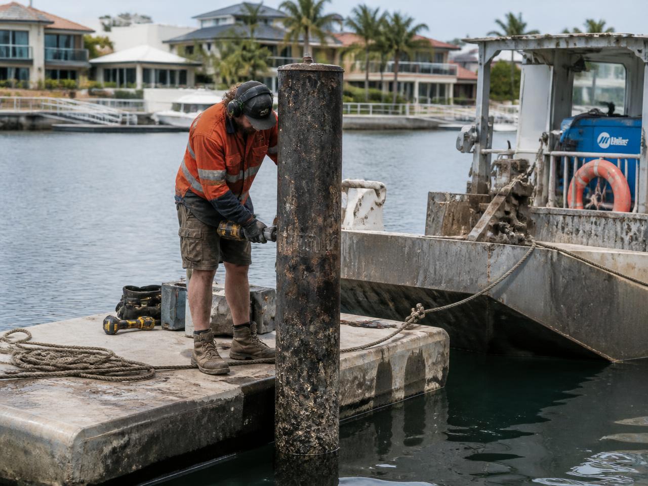 Reel Marine Maintenance tradesman working on a pontoon pile on a Gold Coast canal