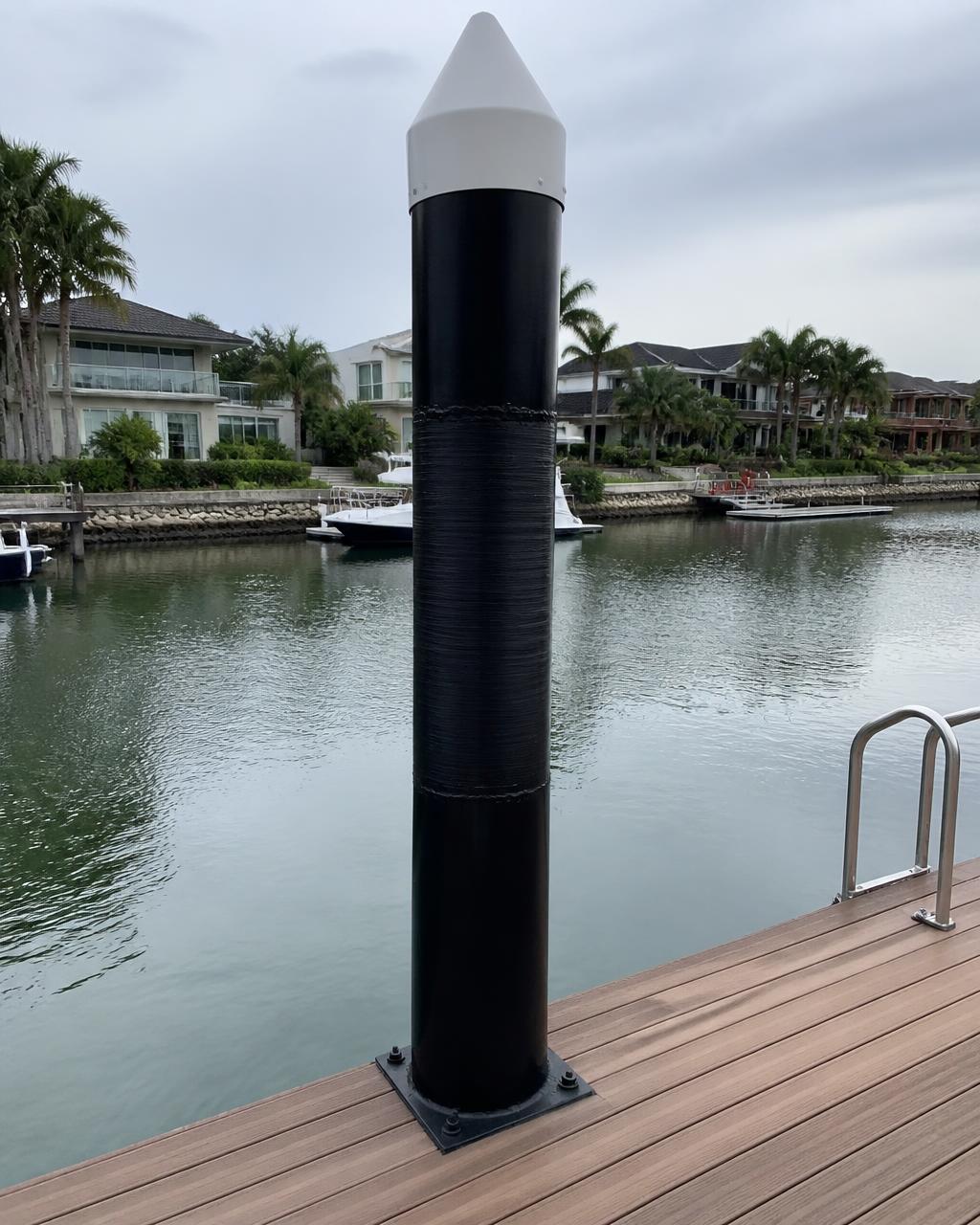 Straight professionally repaired pontoon pile after pile straightening